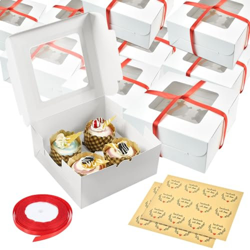 SLTAXAR 10 Stück Cupcake Boxen Karton Muffin Box 4 Löcher Cupcake Schachteln Kleine Kuchenboxen Pappe Patisserieschachteln mit Sichtfenster Weiße Cupcakes Transportbox mit Aufkleber Band für Donut