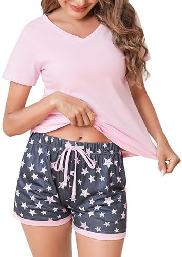 Litherday Schlafanzug Damen Kurzarm Sommer Shorty Pyjama Set aus Baumwolle Zweiteilig mit Karierten Shorts V-Ausschnitt Elastischer Bund & Loungewear,Rosa+Stern,L