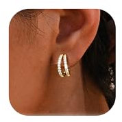 Creolen Ohrringe Gold Damen |14K Vergoldetes Halbe Creolen mit 925 Silber Ohrsteckerstift, Hypoallergene Offene Doppel Creolen, Klein Huggie Creolen mit Zirkonia Diamant für Mädchen Frauen, 14mm.