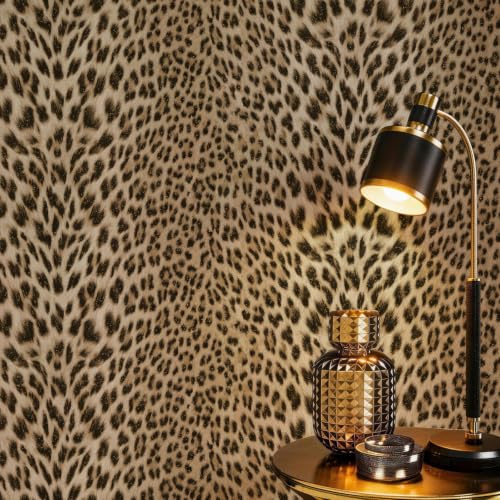 HueBurst Leopard Textured Wallpaper, 17.3x 472.4 Gold Glitter Non-Pasted 3D Embossed Leopard Print Wallpaper Mural for Bedroom, Living Room, Bathroom