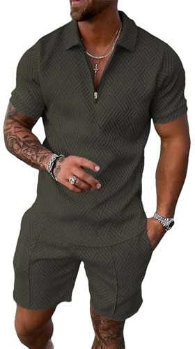 amropi Herren Sportanzug Sommer Trainingsanzug Kurzarm Reißverschluss Top und Shorts Kleidung Set Dunkelgrün, L