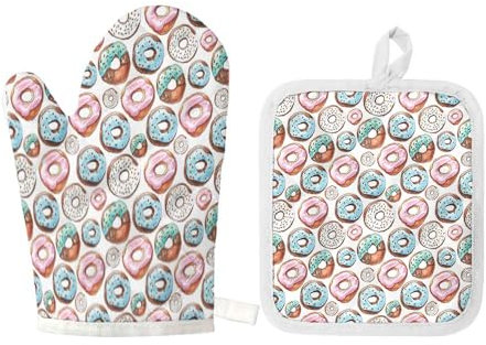 Mrcrypos Ofenhandschuh und Topflappen, Aquarell-Donut-Muster auf weißem Hintergrund, Küchenzubehör, 2er-Set, hitzebeständiger Topflappen zum Kochen, Backen, Grillen, Grillen