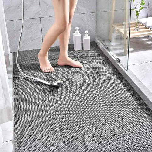Grand tapis de sol antidérapant et anti-moisissure pour salle de bain/cuisine/piscine en PVC avec évacuation (gris, 90 x 150 cm)