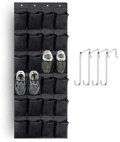 PGKDYC Over Door Shoe Storage, Shoe Organiser Hanging, Shoe Holder, Over The Door Shoe Storage, 24 Large Mesh Pockets Door Hanging with 4 Door Hooks, for Kitchen, Bedroom, Bathroom Closet (Black)
