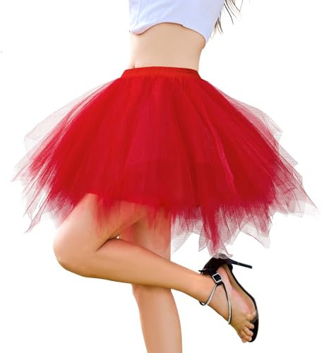 Durio Tüllrock Damen Tütü Rock 50er Rockabilly Tüll Minirock Cosplay Party Karneval Kostüm Halloween Rot