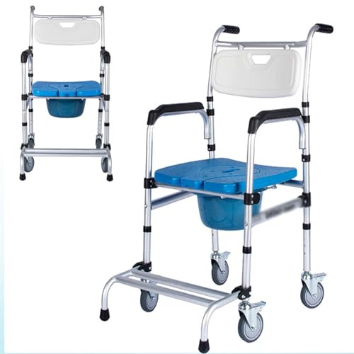 Toilettenrollstuhl Höhenverstellbar, Toilettenstuhl Klappbar Mit Urineimer, Nachtstuhl für Senioren, Duschstuhl mit Rollen für Behinderte, toilettenstuhl fahrbar with Arms,Blau