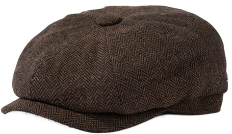 TOP-EX L/XL/XXL Merinowolle Schiebermuetze Herren 8 Panel Peaky Fischgräten Tweed Retro Schiebermütze Schlägermütze Gatsby Cap Warme Wintermütze Vintage Golf Fahrermütze 95574_Braun-Fischgrätenmu XXXL