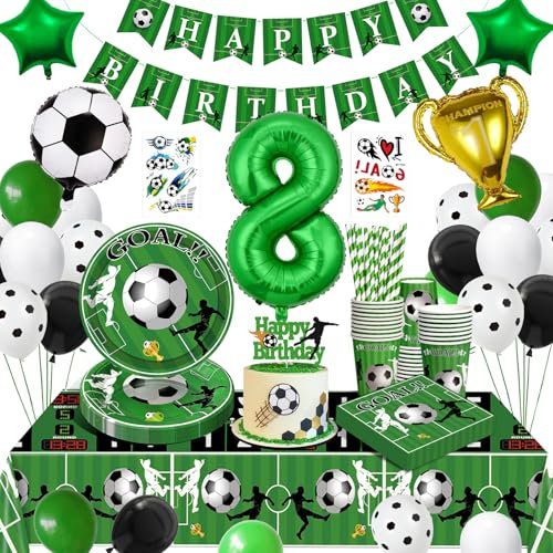 Fussball Deko Geburtstag 8 Jahre Kinder,Fußball Geburtstag Partygeschirr Set,Fußball Deko Geburtstagsdeko 8 Jungen,Fußball Luftballons Pappteller Tischdecke für Party Kindergeburtstag