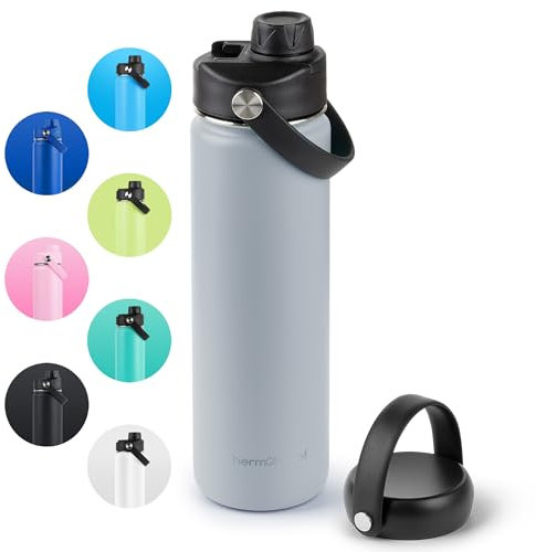 ThermoProof Double-Walled Vacuum Insulated Stainless Steel Water Bottle - Wide Mouth with Chug & Spout Lids, Dishwasher Safe, Reusable, Leakproof, Hot & Cold for Men, Women & Kids - 22oz, Light Gray