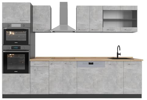 Vicco Küchenzeile R-Line, Beton/Anthrazit, 300 cm mit Hochschrank, ohne Arbeitsplatte