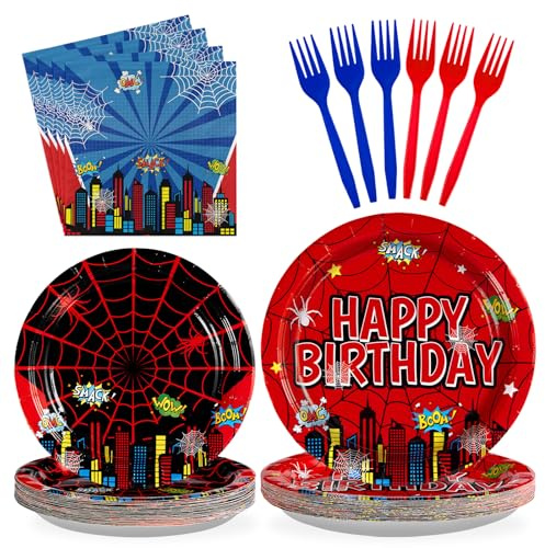 Grencian 96Pcs Cartoon Spider Birthday Party Decorations, Serves 24