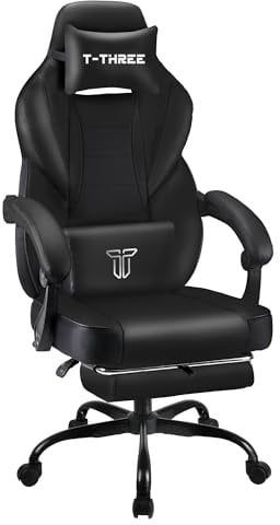 T-THREE.High-back ergonomic computer chair, gaming seat, office and study swivel chair, racing-style with adjustable lumbar and headrest support, 150kg capacity, includes footrest.(Black)