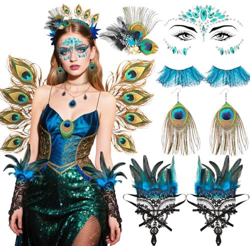 Pfau Kostüm Damen für Halloween Cosplay-Party Karneval Pfau Wimpern künstliche Federn Handschuhe Haarschmuck Ohrringe Kostüm Damen Accessoires Pfau Schminke