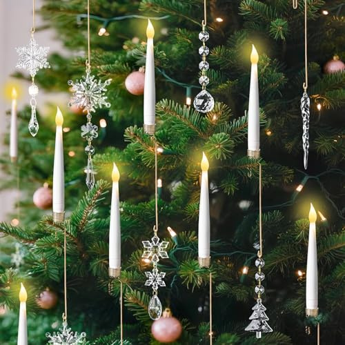 Lanpn 12 Velas LED para Árbol de Navidad, Vela Sin Llama de Pilas con Mando a Distancia & Adornos Navideños de Cristal, Vela Colgante Decoración para Arbol Navidad Fiesta Bodas Casa, Blanco