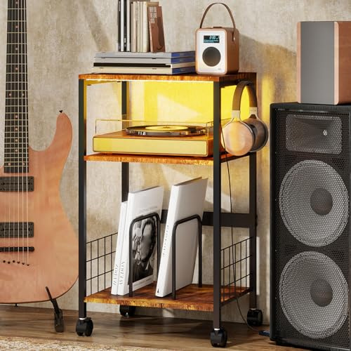 ARTETHYS Record Player Stand, Side Table with 3 Color LED Lights, Bedside Sofa Side Tables for Living Room with Wheels, Small End Table with 3 Tier Shelves, Vinyl Record Stand for Bedroom