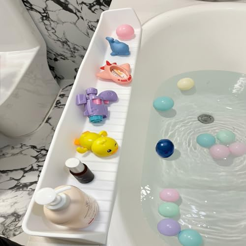 DubiLaka 31.5 Bathtub Splash Guard for Kids & Toddlers - Silicone Play Shelf & Toy Storage Tray with Strong Suction Cups to Prevent Water Spills, No-Leak Fun Bath Time - Tub Toy Holder Ledge,White