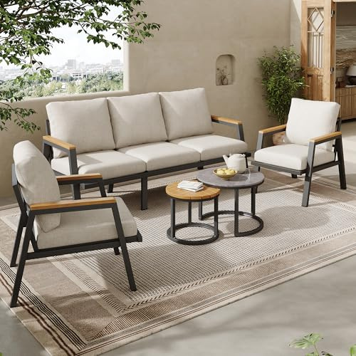 TOBIDOEN Ensemble salon de jardin gris avec canapé 3 places, 2 fauteuils et 2 tables basses, plateau en verre laqué en marbre et plateau en bois plastique, acier galvanisé avec coussins confortables