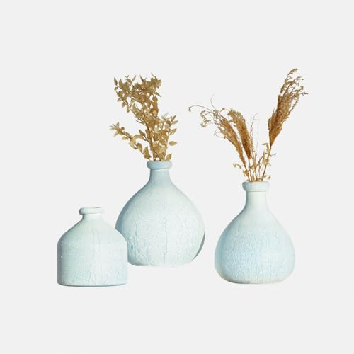 Loberon Donara Lot de 3 vases - Verre soufflé à la Bouche - Dégradé de Couleurs Fluide, crème/Bleu