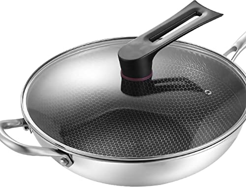 Aramox Wok in Acciaio Inossidabile, Padella Wok in Acciaio Inossidabile a 3 Strati con Nido d'ape su Entrambi i Lati, Senza Rivestimento, Meno Fumo, Facile da Pulire, Cottura a Olio Leggero per Uso