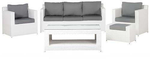 Bequemes Gartenset Sofa/Sessel/Couchtisch/Hocker weiß/grau Rattan Roma