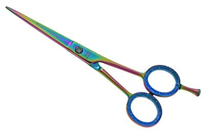 Profi Friseurschere Haarschere 5,5 Zoll = ca. 14 cm mit abschraubbarem Haken, Hohlschliff, im Regenbogen Design,mit Stopper, rostfrei