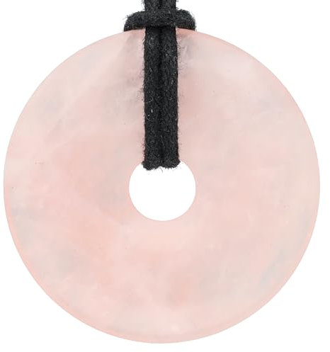 Lebensquelle Plus Edelstein Donut Ø 40 mm + Baumwollband + Edelsteinkarte | Naturstein Anhänger Halskette | Echte Heilsteinkette inkl. Band (Rosenquarz)
