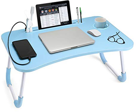 Slendor Escritorio de regazo con portavasos, mesa plegable para laptop para cama, escritorio portátil para computadora portátil y escritura, bandeja de computadora con ranura para tableta, soporte de