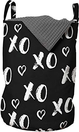 ABAKUHAUS Abstrakt Wäschesack, Xoxo Pinsel Gestrichelte Text, Wäschekorb mit Griffen Kordelzugverschluss für Waschsalons, 33 cm breit x 49 cm hoch, Schwarz-Weiss