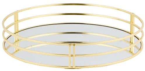 Biznest New Gold Decorative 30cm Mirror Glass Crystal Vintage Round Metal Drinks Tray Serving