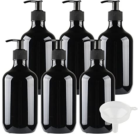 ZEOABSY Lot de 6 Rechargeables Noir Flacons à Pompe Vides en Plastique de 500 ML avec Pompe Distributeur de Lotion, Shampooing, Crème lavante, Gel Douche, Salle de Bains Hôtel, Entonnoir
