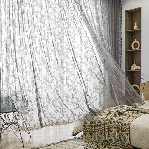 Sutuo Home Spitzen-Vorhänge, 160 cm lang, 2 Paneele, Grau, durchscheinendes Fenster, Blumenmuster, Vintage, Voile, Fensterpaneel für Schlafzimmer/Wohnzimmer/Küche, dekorative Stangentasche (B x L):