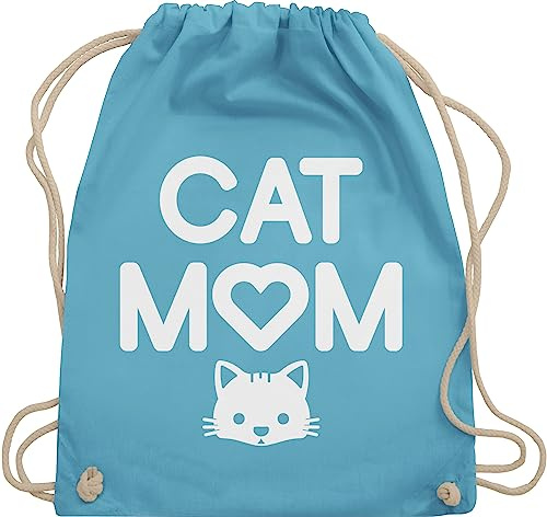 Turnbeutel Rucksack - Sprüche Statement mit Spruch - Cat Mom Katzenkopf - Unisize - Hellblau - beutel+rucksack+mit+sprüchen sprueche katze beutel sprüchen spruechen katzen stoffbeutel bedruckt