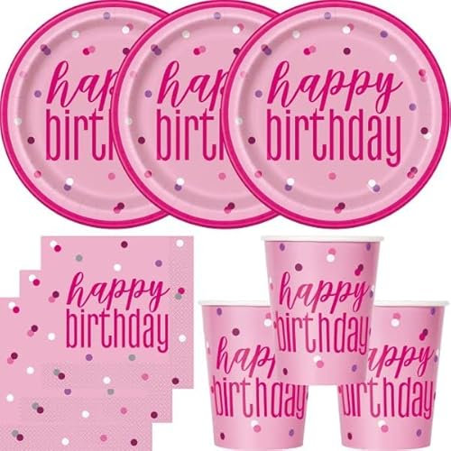 Playflip Partyset Einweggeschirr rosa pink 48 TLG. Partygeschirr Teller Becher Servietten Geburtstag Happy Birthday