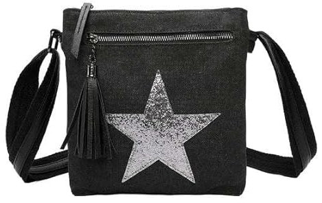 Fontanella Fashion Damen-Handtasche mit zwei Fächern, glänzend, glitzernd, Sterne, Segeltuch, kleine Schultertasche, Umhängetasche, Schwarz , Small