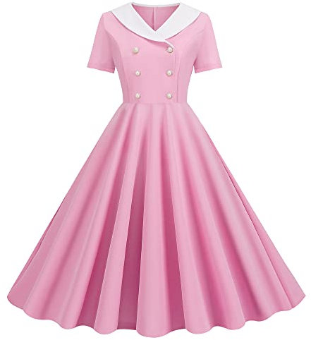 Wellwits Damen Revers V-Ausschnitt Plaid Tasche 1940er 1950er Vintage Swing Kleid, Fancy Pink, 36-38