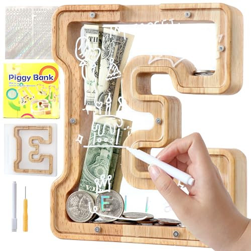 Lakpopya Hucha infantil con letras de madera para la A a la Z personalizada, hucha transparente del alfabeto, caja de ahorro, regalo decoración bautizo para niños y niñas (E)