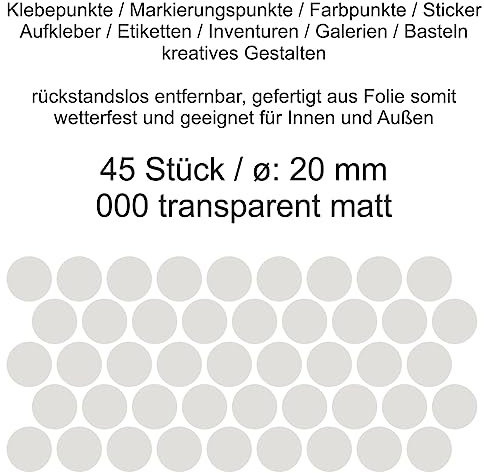 Aufkleber Etiketten Klebepunkte aus Folie 45 Stück transparent durchsichtig matt rund 20 mm selbstklebend farbig wetterfest Decal Markierungen Organisieren DIY basteln verzieren Modellbau Scrapbooking
