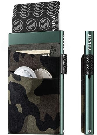 VULKIT Porte-Cartes de Crédit Aluminium Blocage RFID, Portefeuille Automatique de Cartes Pop Up avec 2 Poches pour espèces, pièces et Airtag, Vert Olive