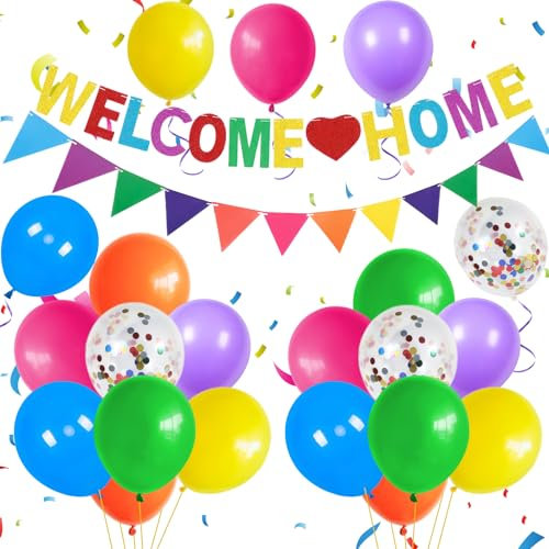 Welcome Home Decorations,Colorful Welcome Home Balloons Banners Set,Rainbow Welcome Home Glitter Banner with Confetti Balloons,Pennant Flag Bunting for Home Family Welcome Back Party Supplies