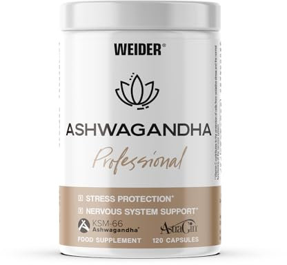 Weider Ashwagandha Professional (120 capsulas). Ashwaghandha KSM-66 con AstraGin para mejor absorpción, Magnesio, y Vitamina C. Ayuda a la Relajación y conciliar el sueño. (60 porciones)
