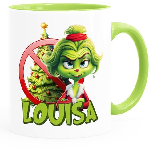 MoonWorks® Kaffee-Tasse Grinch Weihnachtstasse Mann Frau Paar mit Namen personalisierbar Geschenk lustig Weihnachtsmuffel Grinch Lady weiss-innen-hellgruen standard