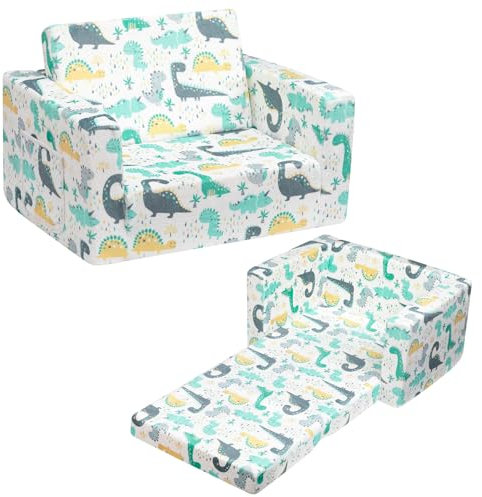 BEJOY Kindersofa Aufklappen 2 in 1 Schlafsofa, Kindersessel, Flanell Kinder Couch Ausklappbar Kinder Sofa für Kinderzimmer Kindertags- und Geburtstagsgeschenk für Mädchen und Jungen - Weiß mit Dinos