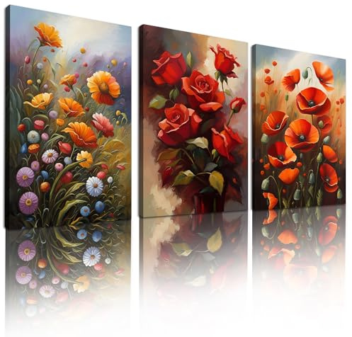 Poster, Motiv: Rote Rose, Motiv: Taylor Blume, Leinwand, Wandkunst für Schlafzimmer, Frau, Wanddekoration, Mohnblumen, Gänseblümchen, Bild, 3-teilig, Vintage-Kunstwerk, moderne Pflanze, Blumendrucke
