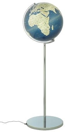 TROIKA Standglobus beleuchtet Ø 43 cm, Höhe 1,32 m SOJUS LIGHT Globus metallic blaue Meere & silberne Landflächen mit Kartenrelief und Licht verchromter Metallfuß weicher Filzboden bewegliche Achse