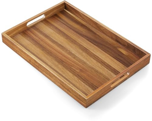 17 Inch Acacia Wood Serving Tray with Handles - Large Wooden Tray for Ottoman, Breakfast in Bed, Dinner, Coffee Table - Decorative Rectangular Tray for Living Room Bedroom Entryway and Kitchen