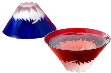 IPPINKA Mt. Fuji Sake-Becher in Holzbox, 52 ml, Edo-Glas, 2 Stück, blau und rot, handgefertigt in Japan