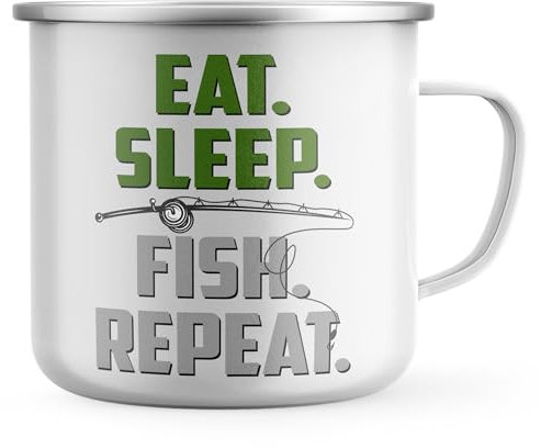 Purple Print House Eat Sleep Fish Repeat Unisex Enamel Mug Funny Fishing Tea Coffee Metal Cup Angler Fisherman