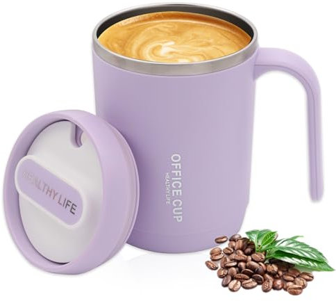 Tazze da caffè infrangibili, Tazze da 500 ml in acciaio inox con cucchiaio e coperchio, Tazze da bere infrangibili, Tazze riutilizzabili per bambini per casa, giardino, picnic, campeggio (Viola;)