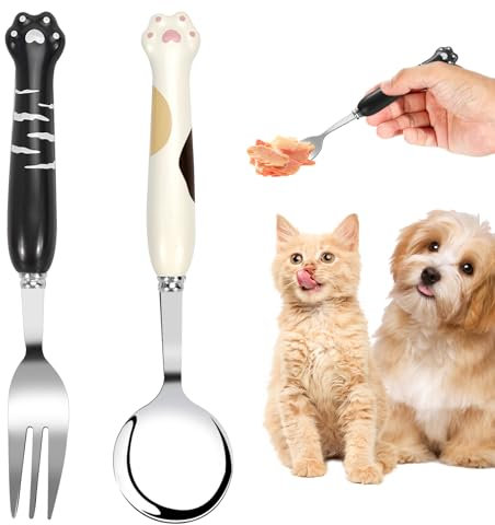 Cosysparks Pet Spoon and Pet Food Fork, Cute Paw Dog Food Fork Pet Feeding Spoon Stainless Steel Pet Cutlery 2 Piece (Black and white)