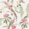 Papier peint avec des plantes de jardin exotiques, des fleurs et des oiseaux de jardin colorés, rose et vert, Arthouse 924907